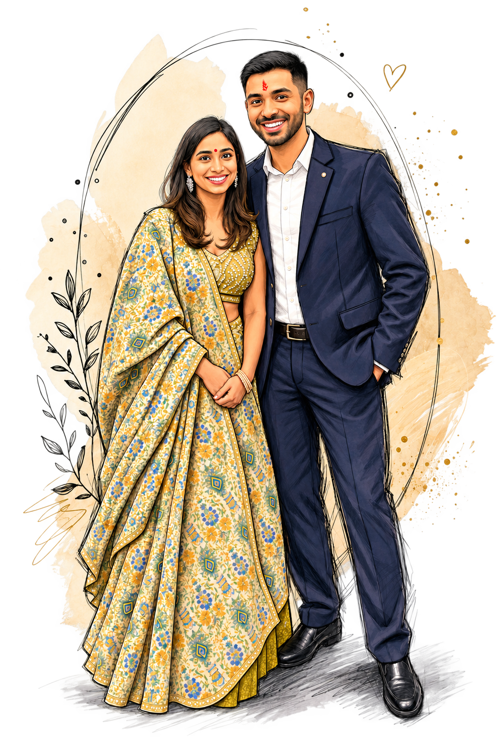 Illustrated portrait of Aakansha and Kartik in festive Indian attire